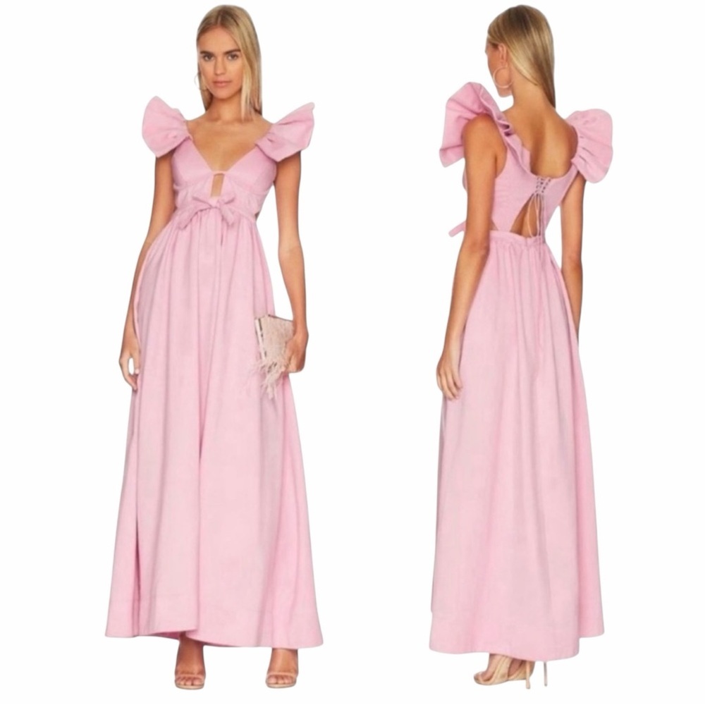 For Love & Lemons Pink Maxi Dress with Bow and Puff Sleeves